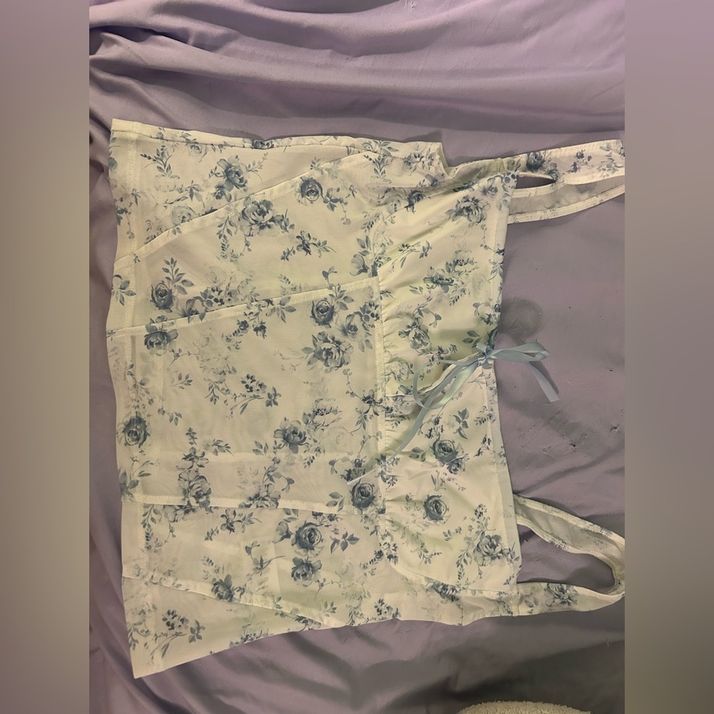 Garage white and blue rose print mesh top tie front bust